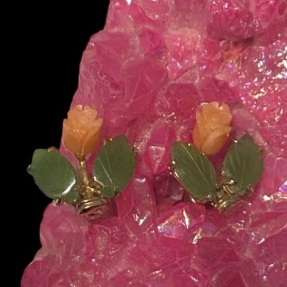Vintage Coral & Jade Flower Gold Filled Pierced Earrings #7639